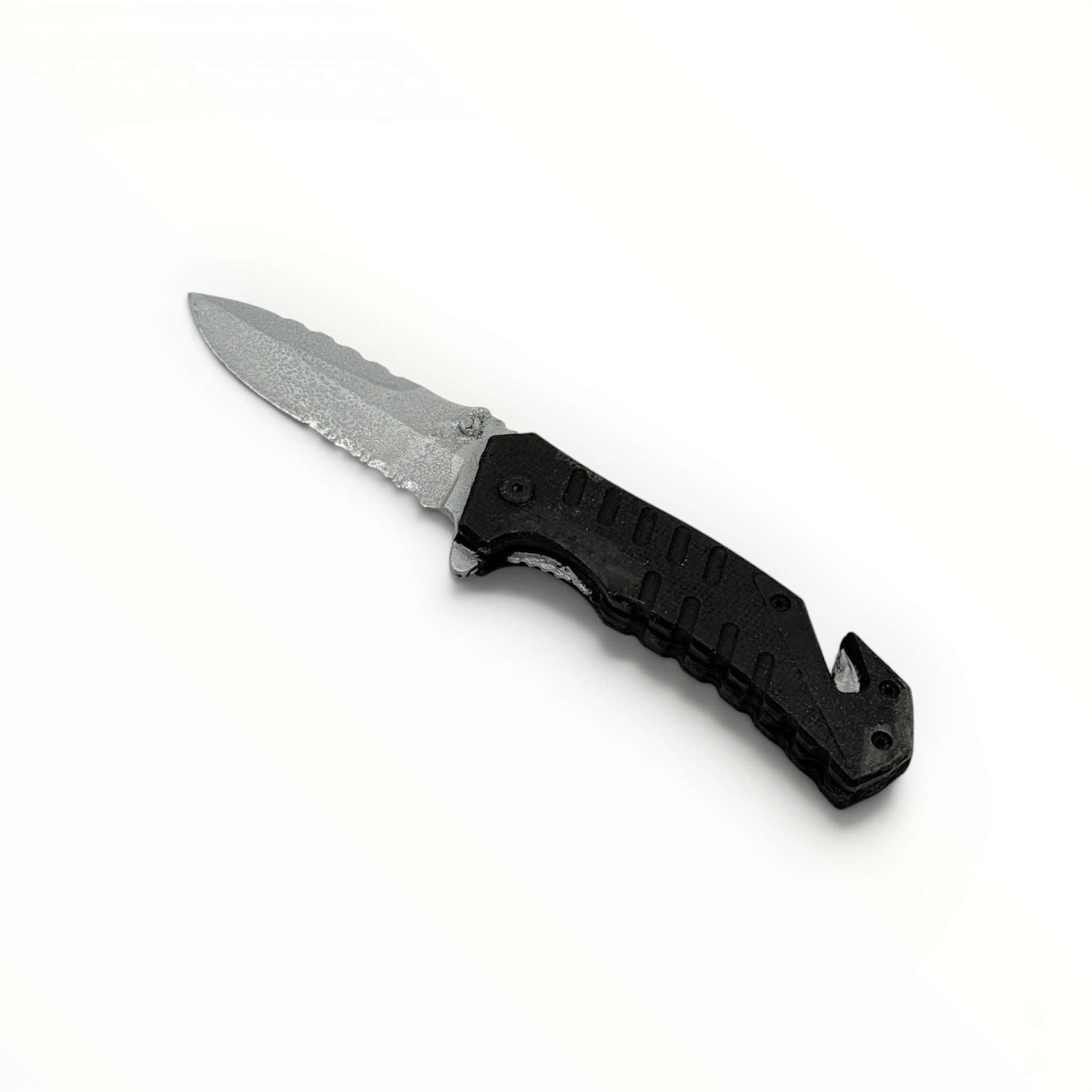 Black and silver foam knife on a white background