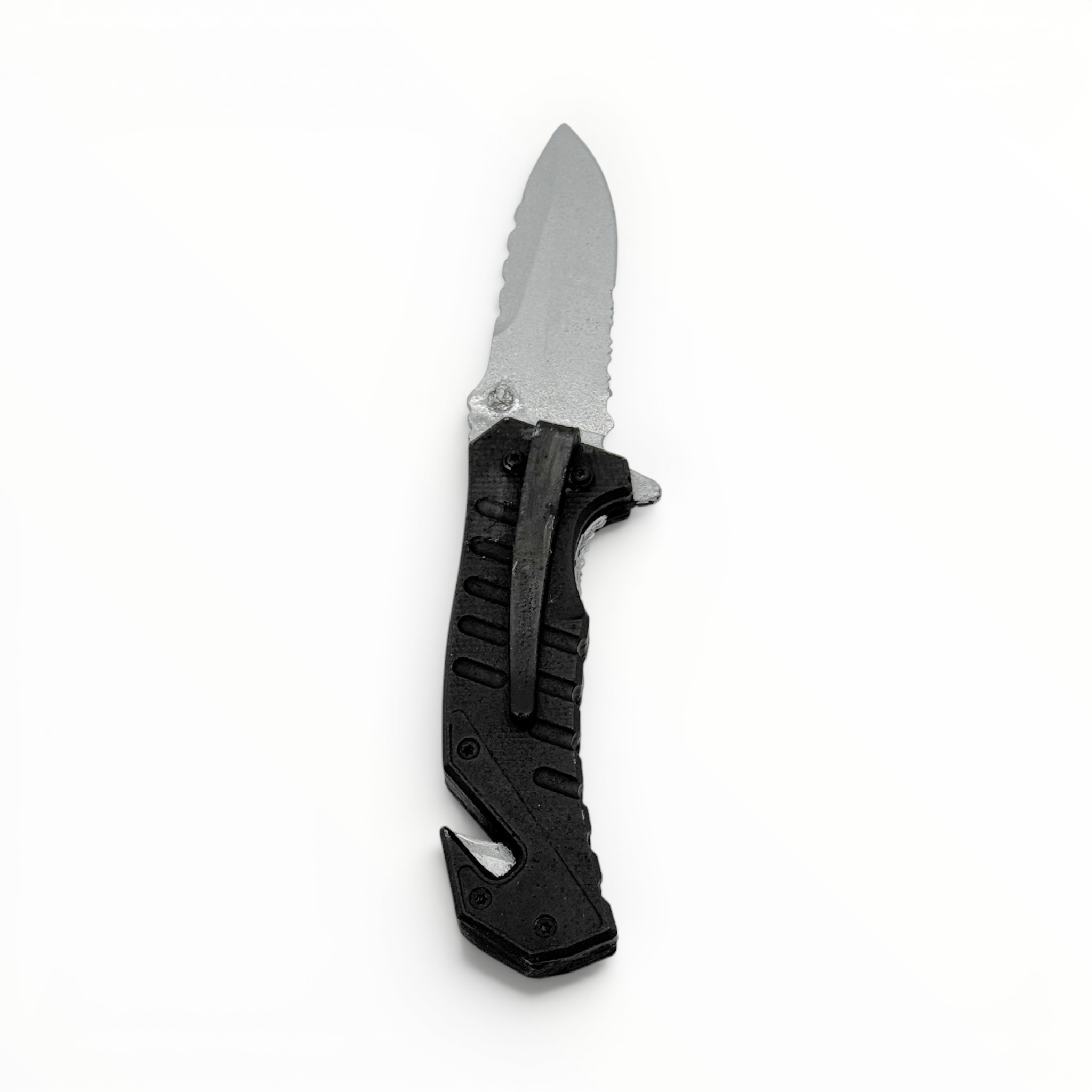 Black folding knife with a silver blade on a white background