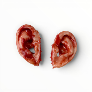 Two bloody silicone ears on a white background