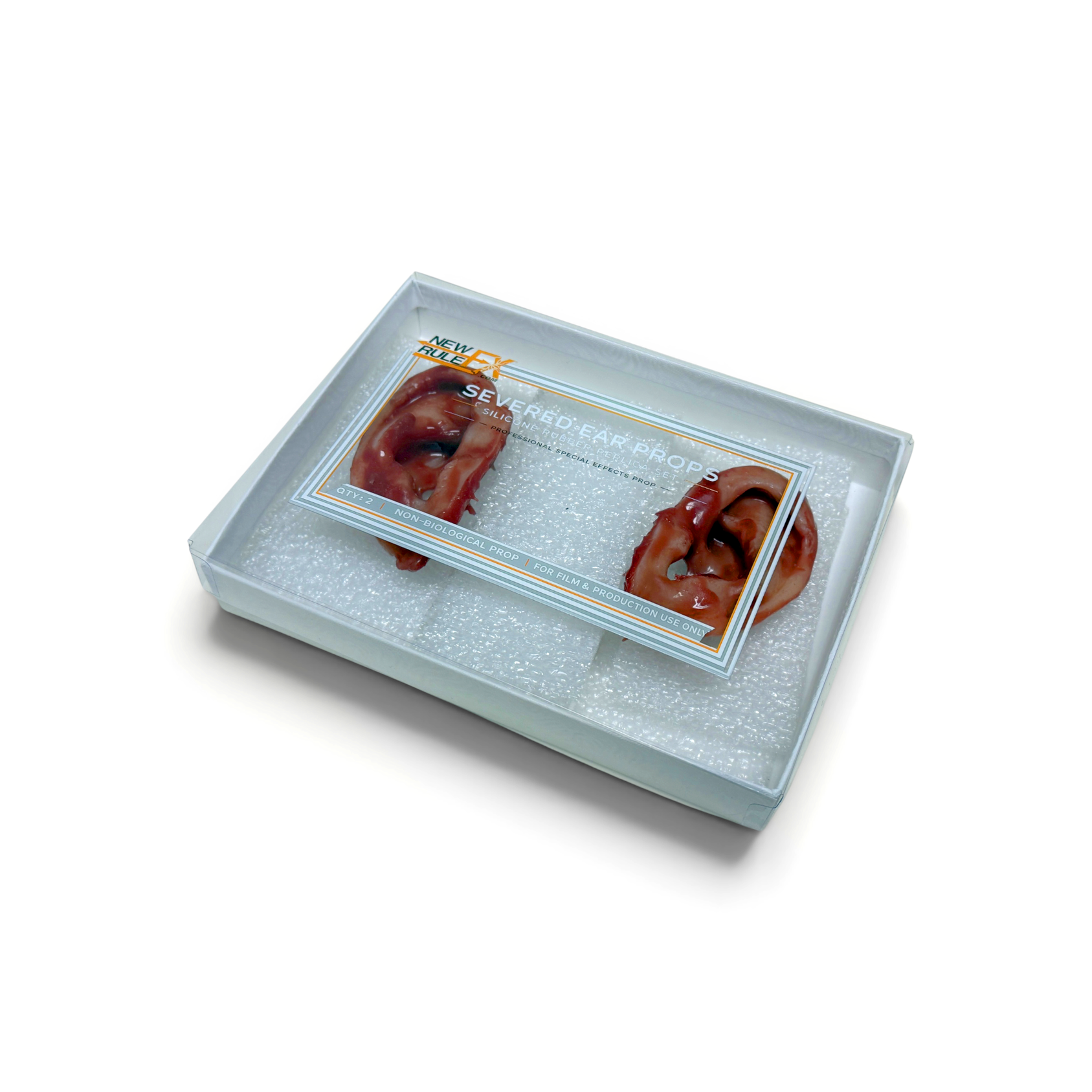 Two ears in a clear plastic container on a white background