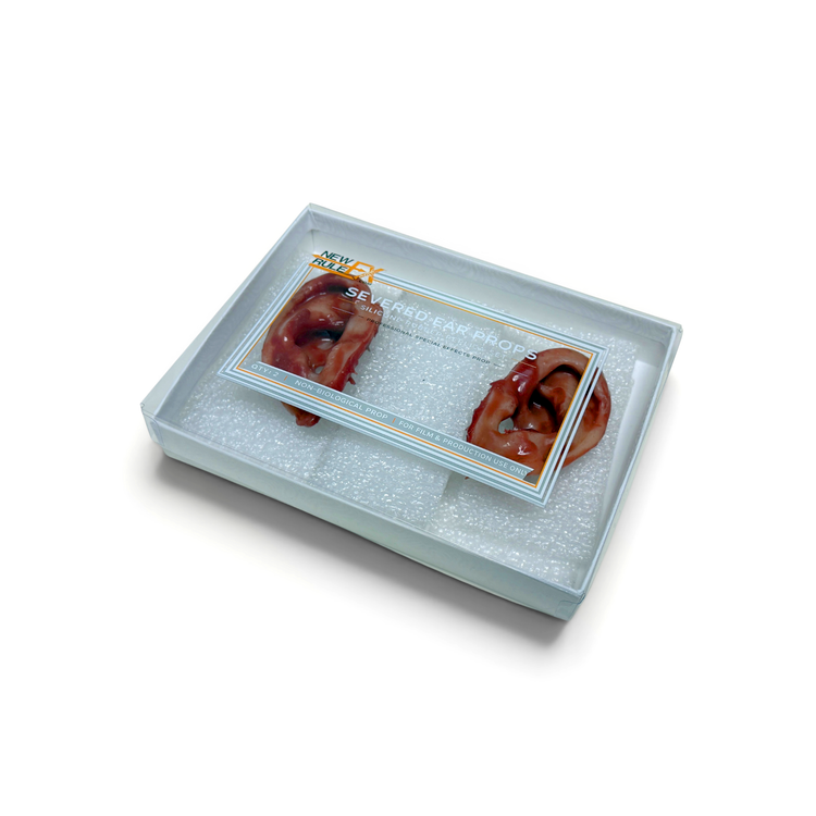Two ears in a clear plastic container on a white background