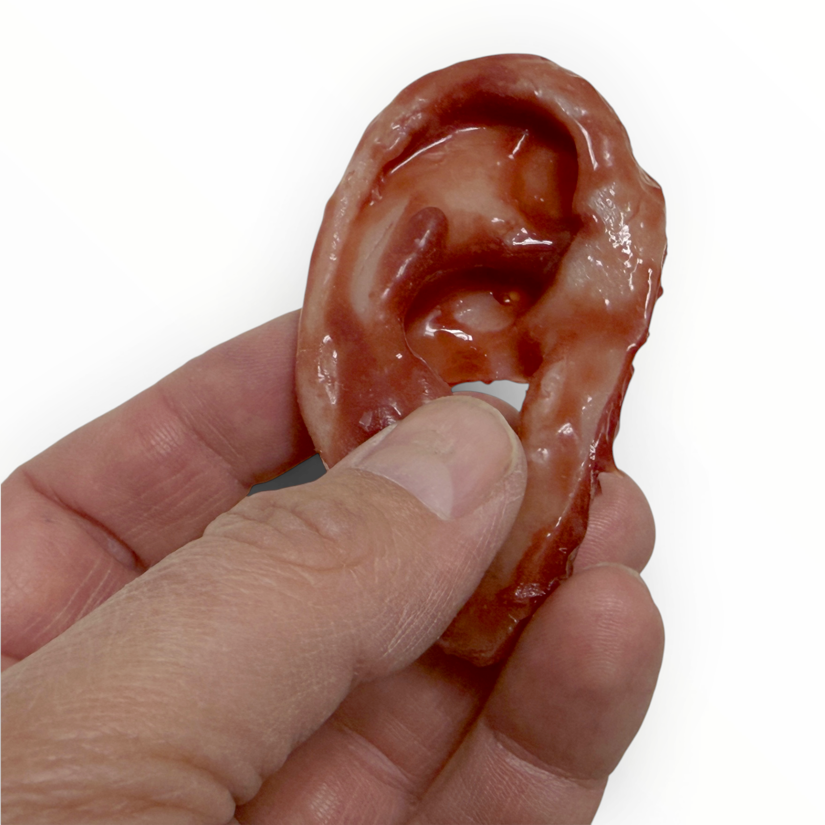 Realistic silicone ear held in a hand against a white background