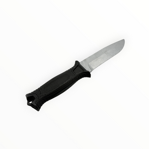 Black-handled knife with a silver blade on a white background