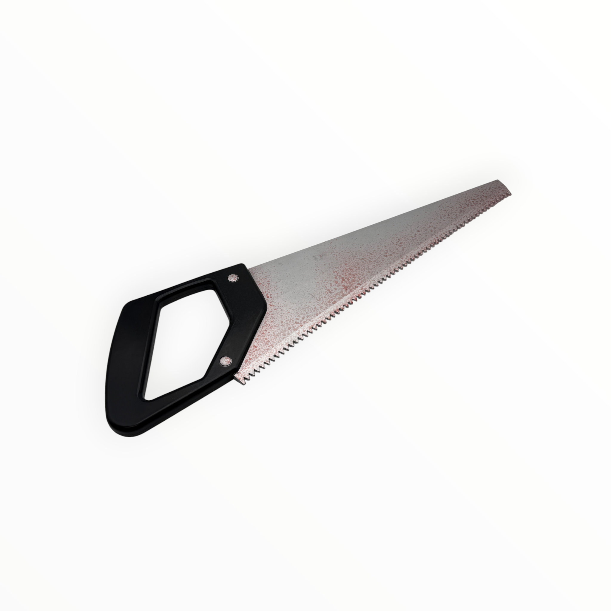 Hand saw with black handle on a white background