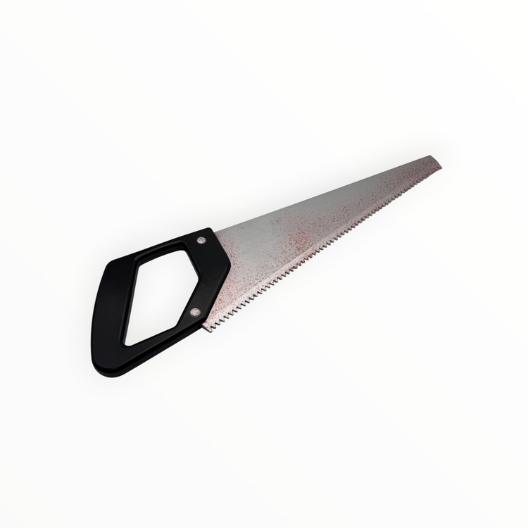 Hand saw with black handle on a white background