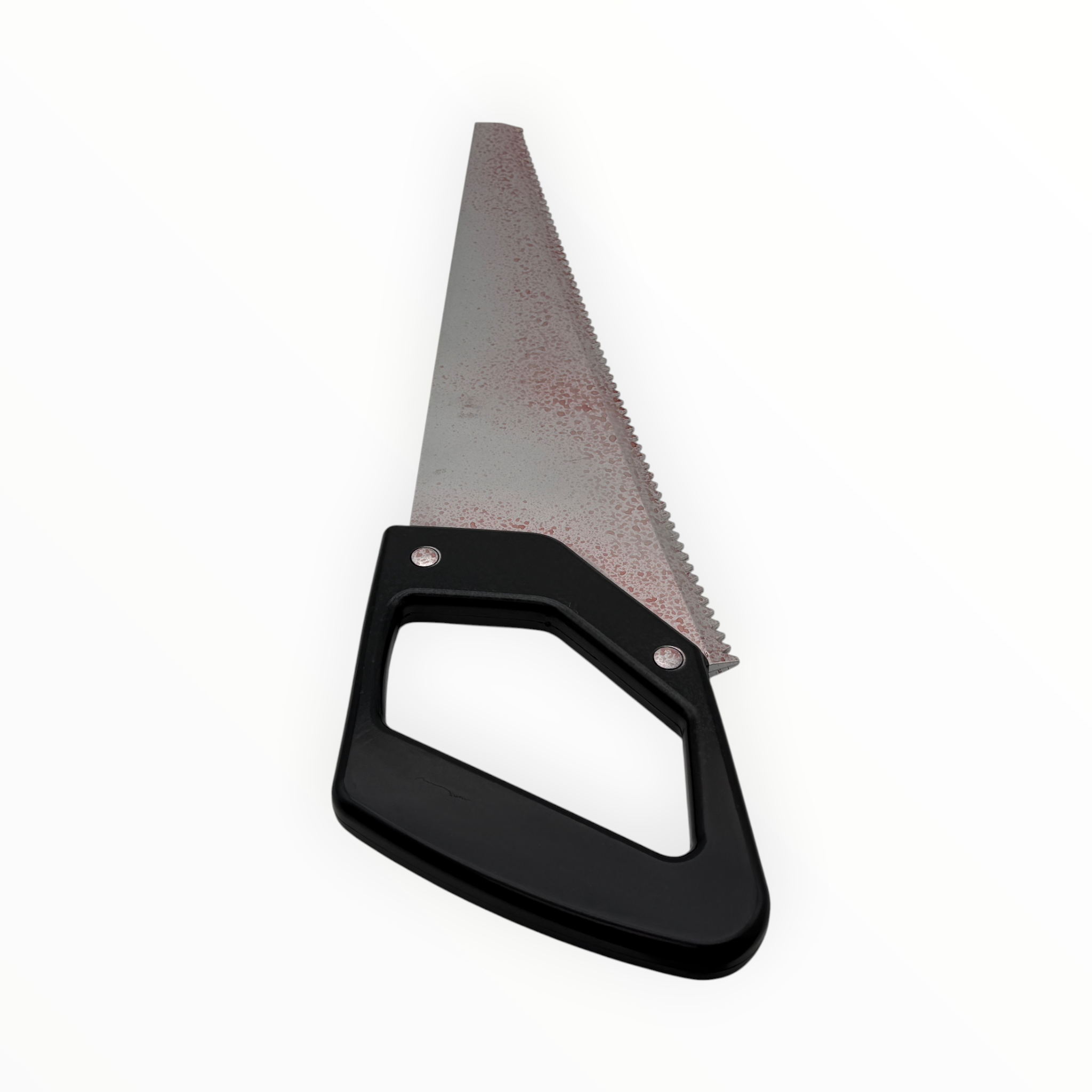 Serrated knife with black handle on a white background