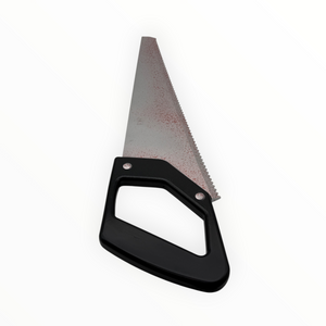 Serrated knife with black handle on a white background
