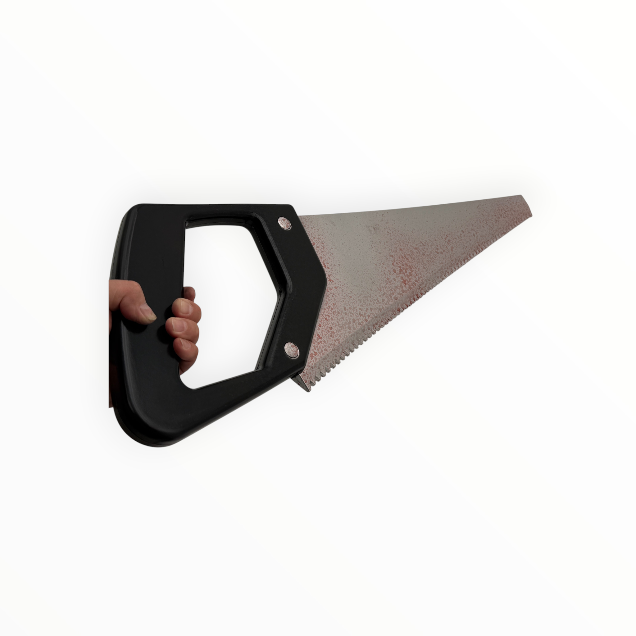 Handheld saw with black handle on a white background