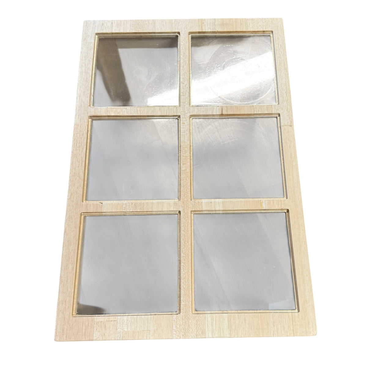 Balsa Wood and Glass Breakaway Coffee Table Smashable Stunt Prop featuring a wooden frame with six square breakaway glass panes mimicking a small-paned window.