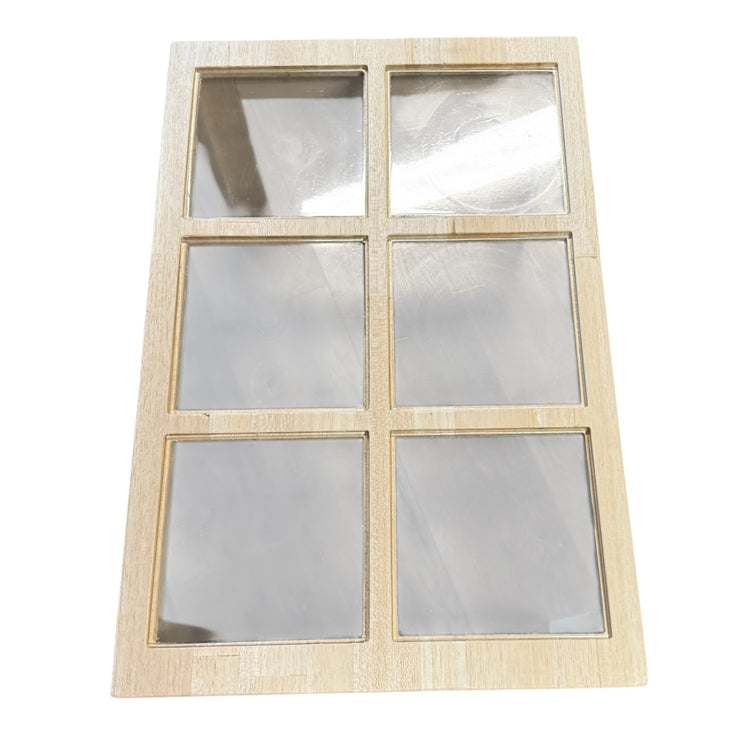 Balsa Wood and Glass Breakaway Coffee Table Smashable Stunt Prop featuring a wooden frame with six square breakaway glass panes mimicking a small-paned window.