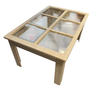 Balsa Wood and Glass Breakaway Coffee Table Smashable Stunt Prop, featuring six inset glass panels, ideal for film and theater productions.