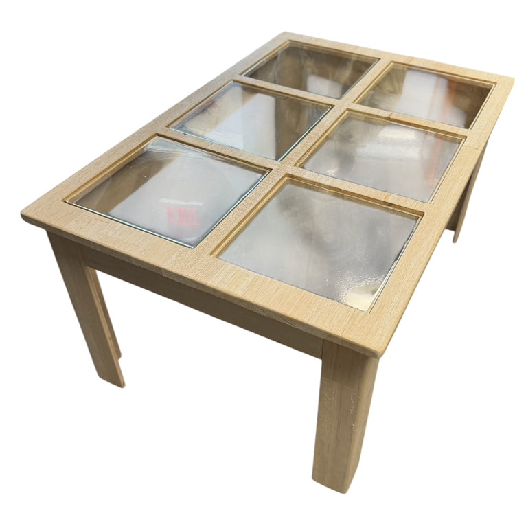 Balsa Wood and Glass Breakaway Coffee Table Smashable Stunt Prop, featuring six inset glass panels, ideal for film and theater productions.