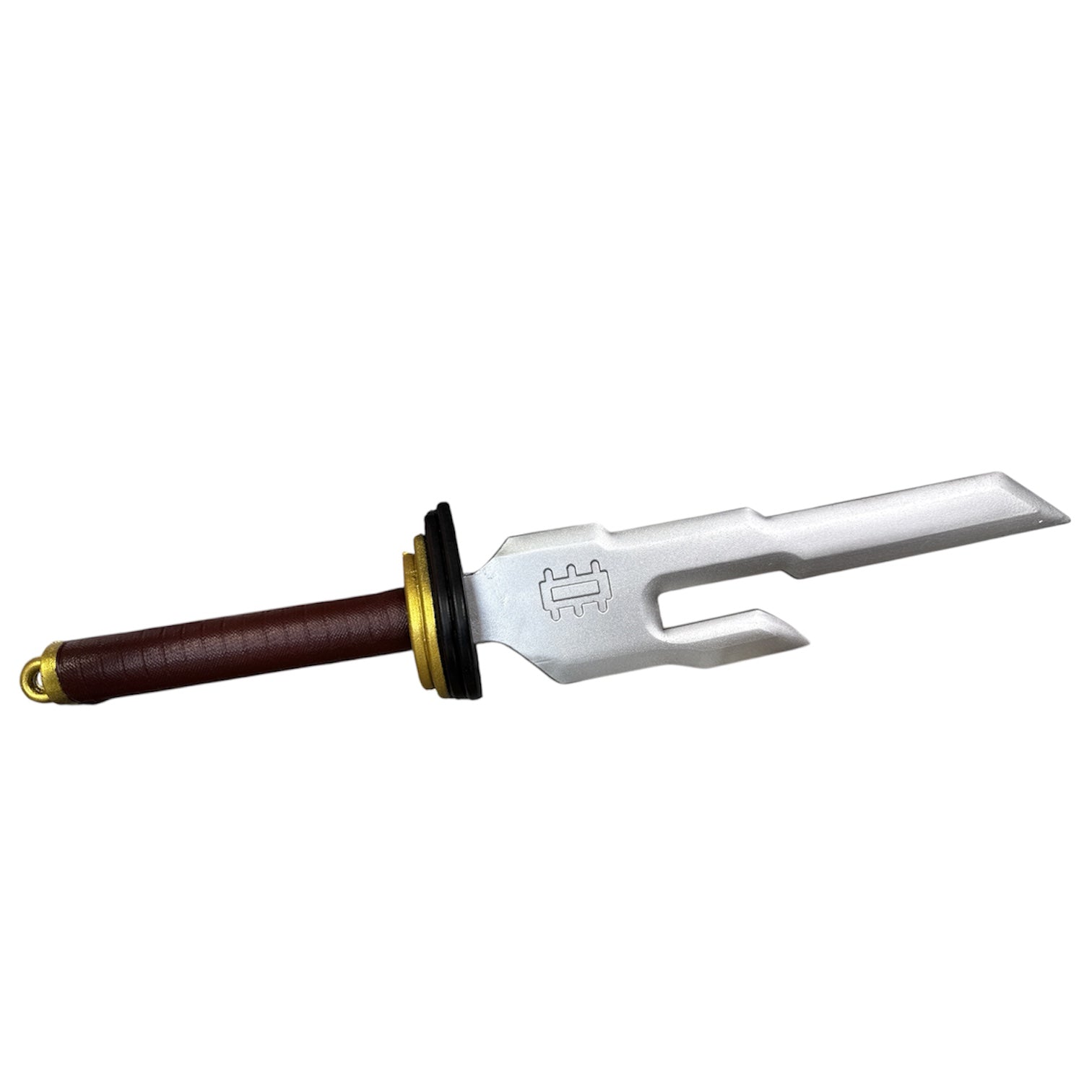 FOAM Jujutsu Kaisen Blade Prop featuring a matte-silver blade with a notch, stacked black and gold guard, and brown leather-wrapped handle with gold pommel, 18.5” long.