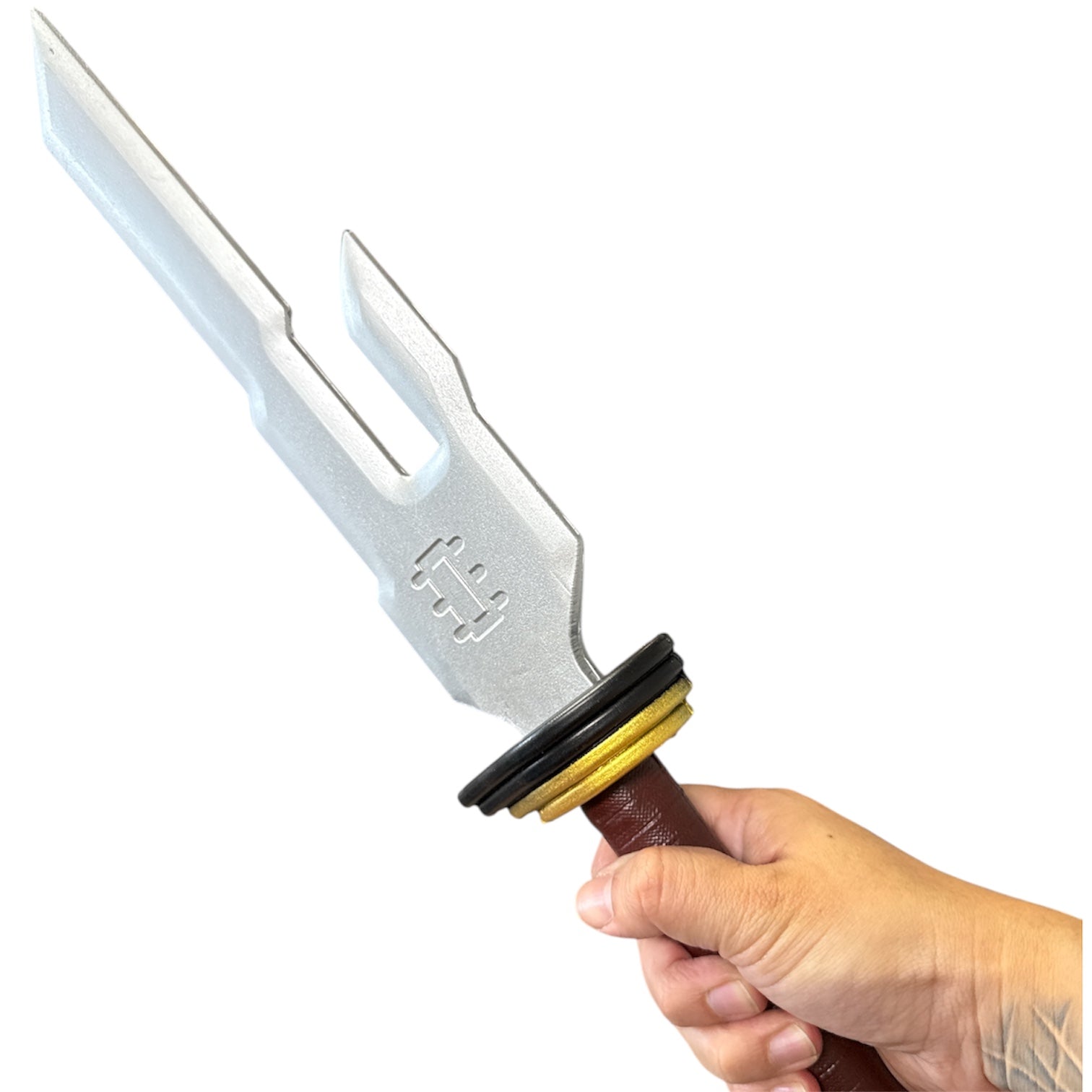 Foam Jujutsu Kaisen Blade Prop featuring a metallic-silver double-pronged tip and decorative hilt with black and gold rings, ideal for cosplay or display.