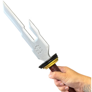 Foam Jujutsu Kaisen Blade Prop featuring a metallic-silver double-pronged tip and decorative hilt with black and gold rings, ideal for cosplay or display.