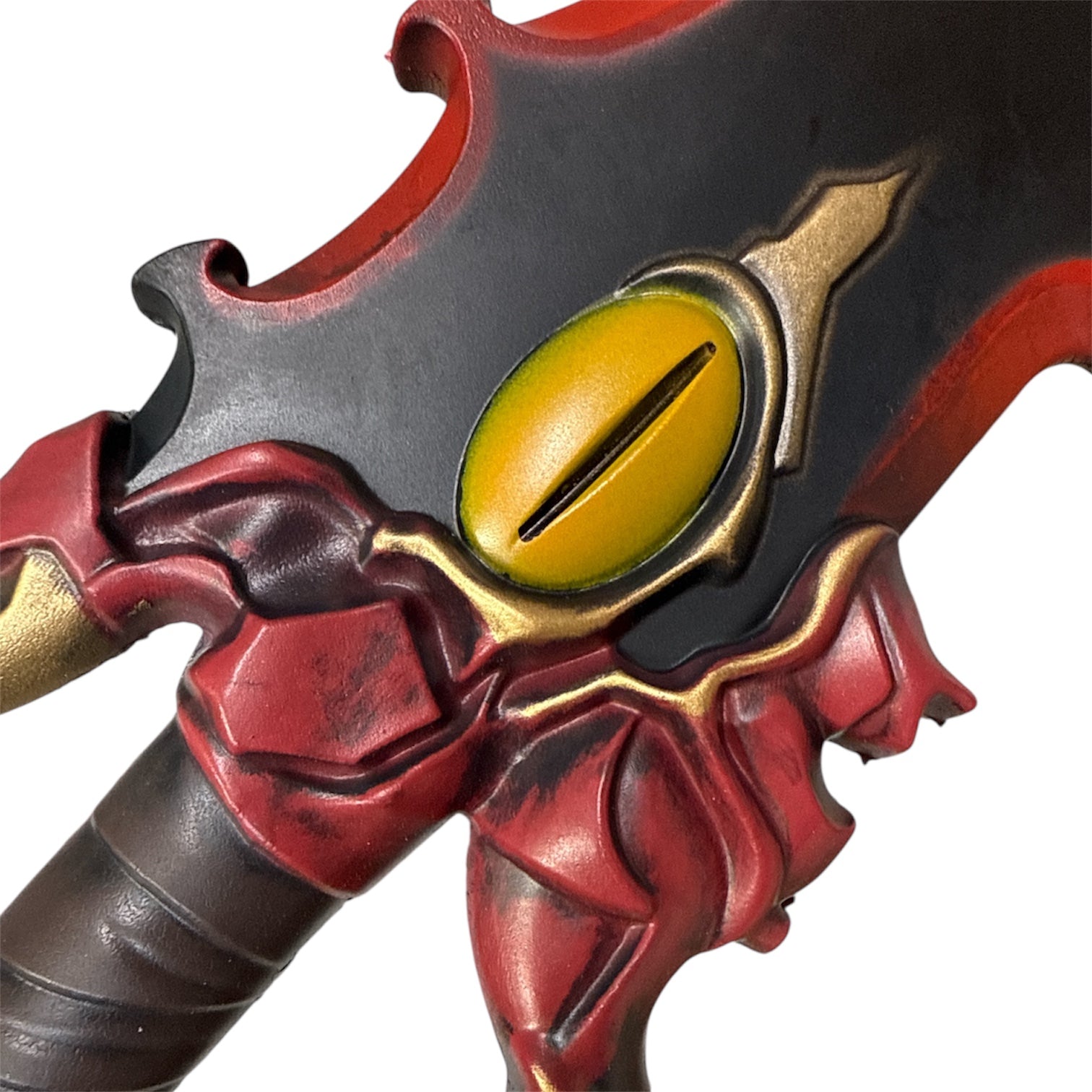 Foam Kasaka Knight Dagger Anime Prop with leather-wrapped grip, red claw-like guard, yellow gem inset, and gold accents, ideal for cosplay or collectors.