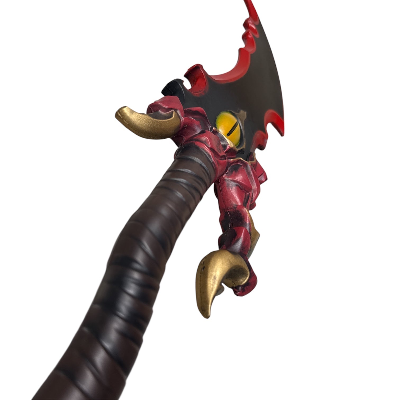 Foam Kasaka Knight Dagger Anime Prop, featuring a decorative design with a leather-wrapped grip, red claw-like guard, gold horns, and a black blade with red edging.
