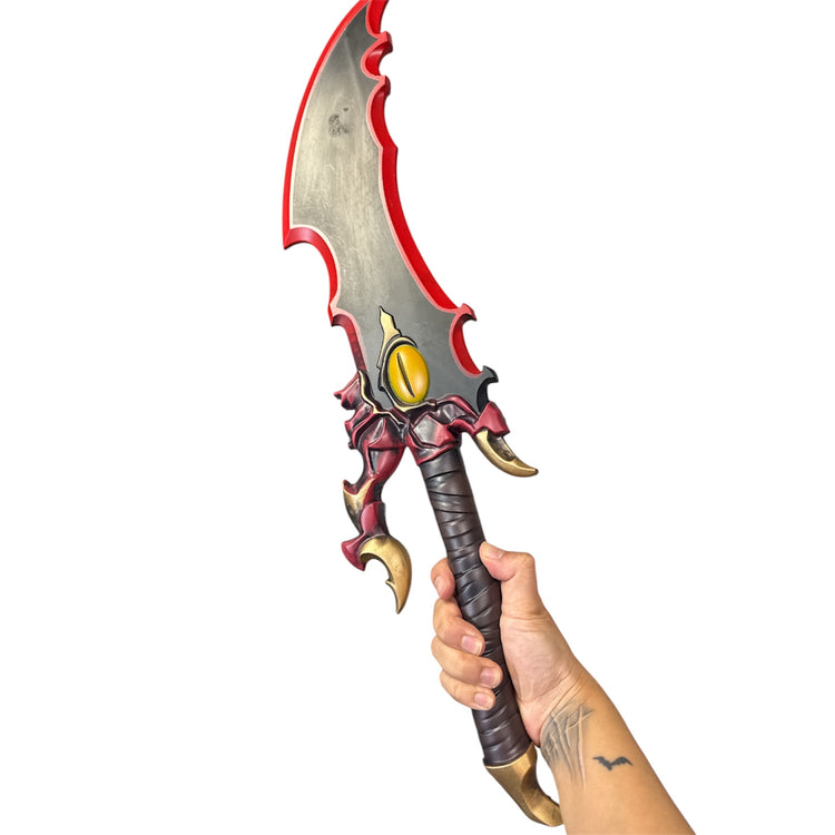 Hand with bat tattoo holding Foam Kasaka Knight Dagger Anime Prop, featuring a broad, curved blade with monster eye motif and brown handle, ideal for special effects.