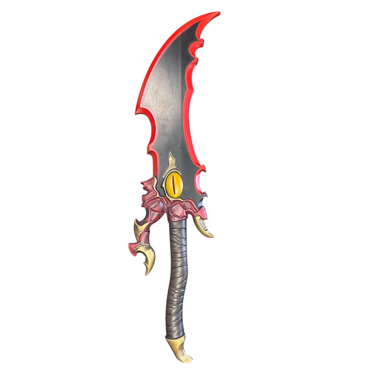 Foam Kasaka Knight Dagger Anime Prop featuring a jagged, curved blade with red bevel, draconic eye motif, claw-like guard, and spiral-wrapped handle.