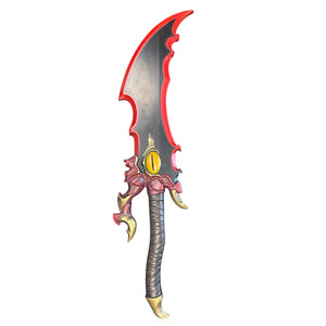 Foam Kasaka Knight Dagger Anime Prop featuring a jagged, curved blade with red bevel, draconic eye motif, claw-like guard, and spiral-wrapped handle.