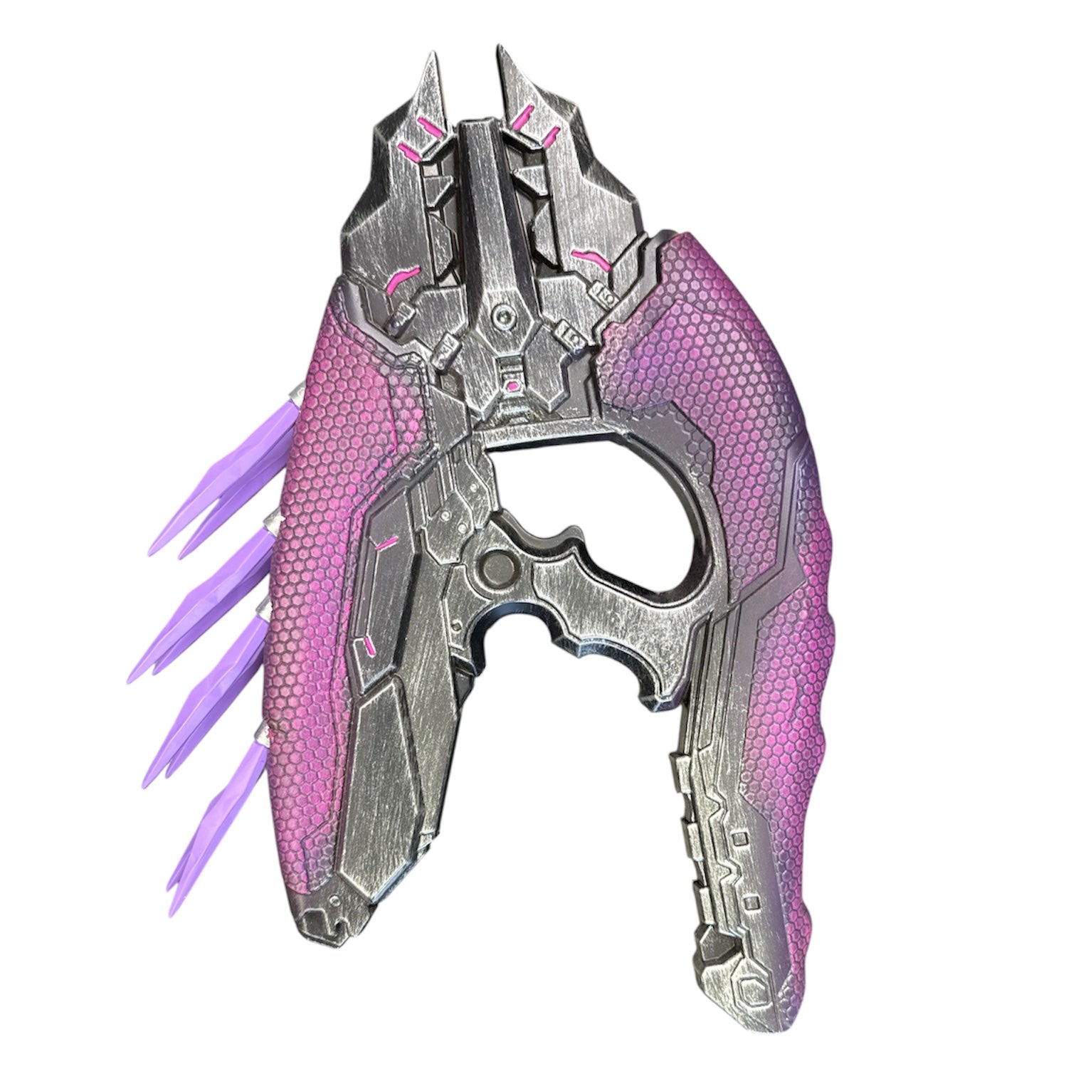 Rubber Halo Needler Prop, a sci-fi inspired handheld gadget with a silver grip, pink-purple honeycomb panels, and translucent energy shards, perfect for futuristic scenes.