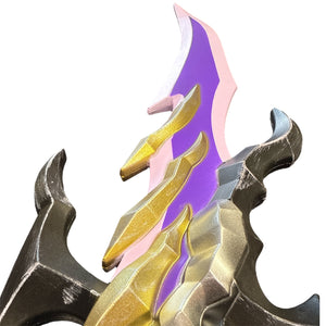 Foam Solo Leveling Antares Fangs Dagger Prop featuring a jagged purple and pink serrated blade, gold spines, and a dark hilt for cosplay or decoration.