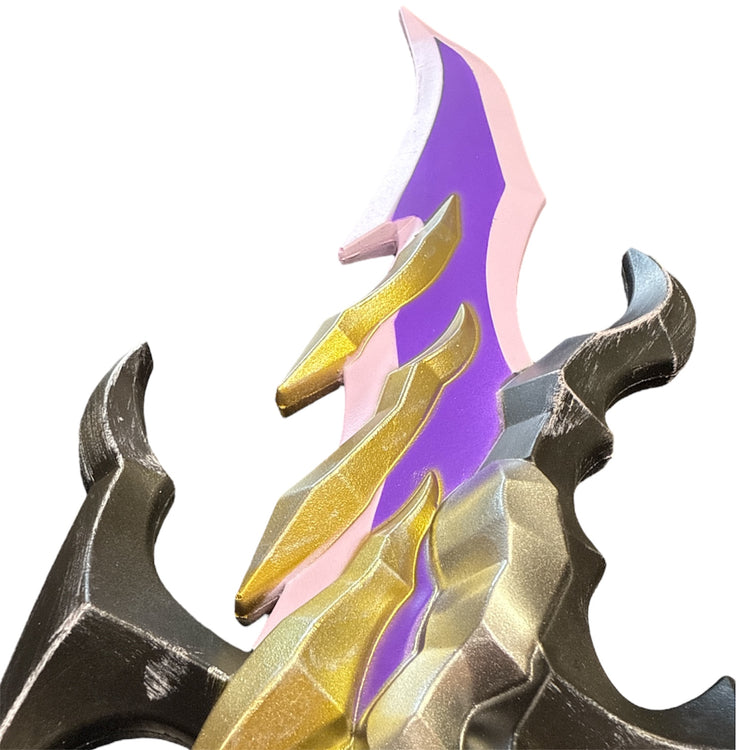 Foam Solo Leveling Antares Fangs Dagger Prop featuring a jagged purple and pink serrated blade, gold spines, and a dark hilt for cosplay or decoration.
