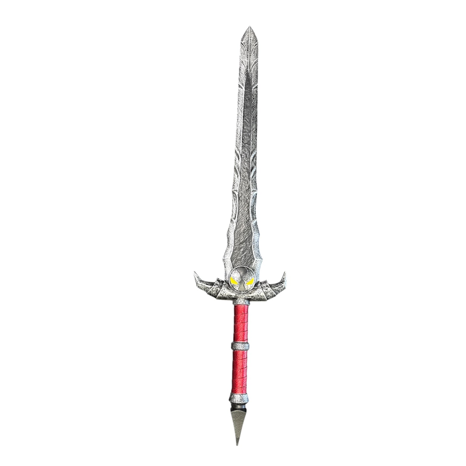 Foam Spawn Sword Prop with a silver engraved blade, upward flaring crossguard with yellow markings, red-wrapped grip, and spike-like pommel for fantasy cosplay or decor.
