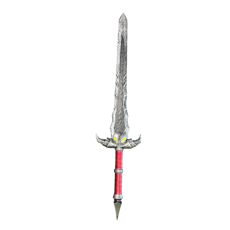 Foam Spawn Sword Prop with a silver engraved blade, upward flaring crossguard with yellow markings, red-wrapped grip, and spike-like pommel for fantasy cosplay or decor.
