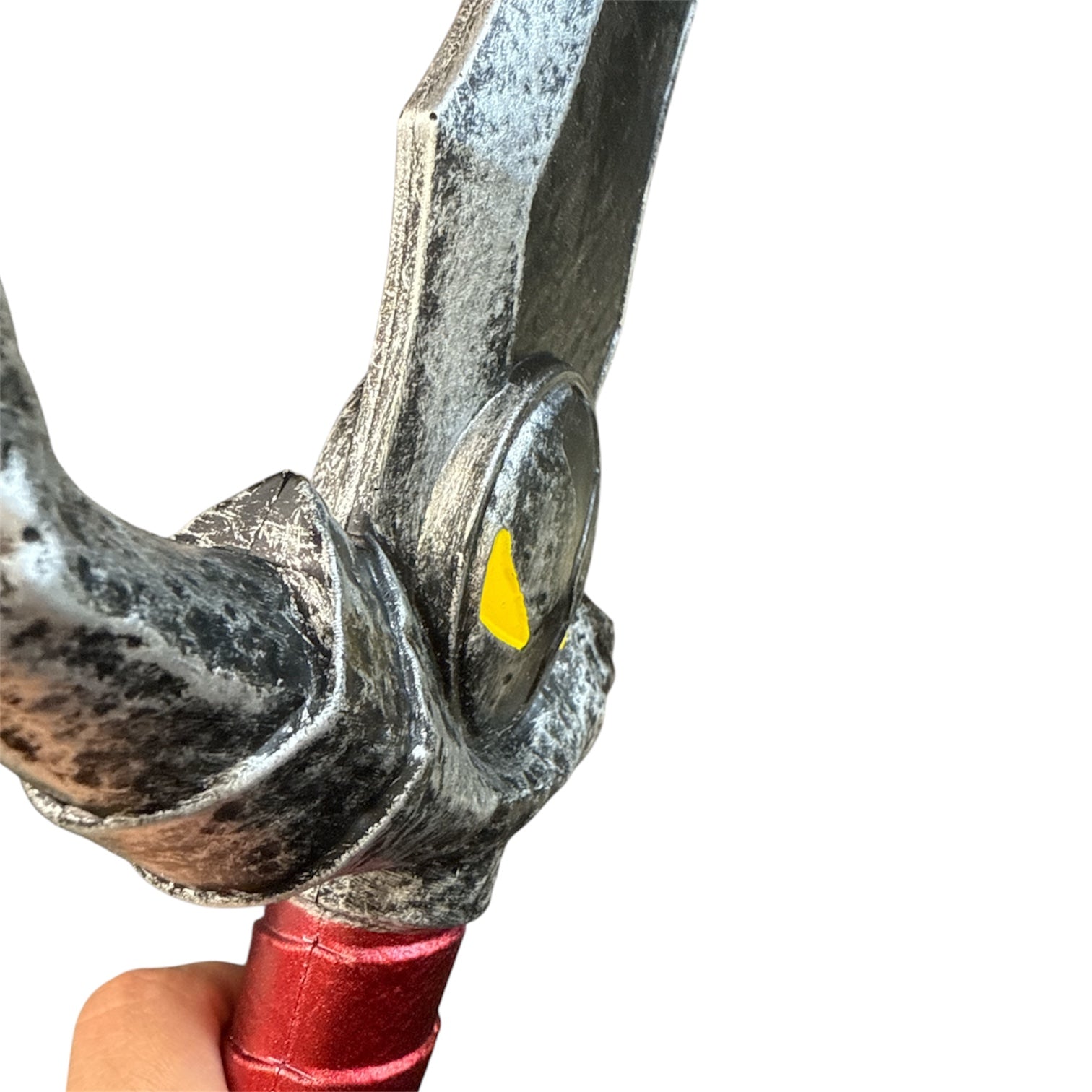 Foam Spawn Sword Prop with a weathered silver-grey head, circular pivot detail, and a red metallic handle, ideal for realistic special effects in film or theater.