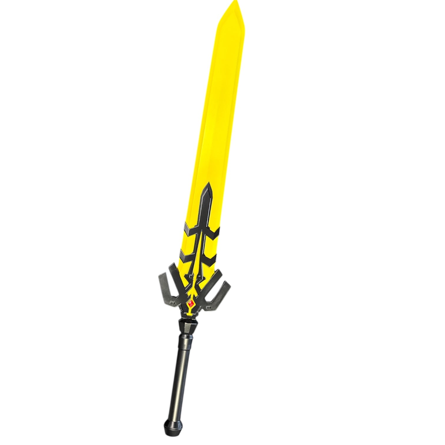 Foam Rubber Magik’s Sword Prop featuring a straight, stylized bright yellow blade with a black handle and a trident-like guard design, ideal for cosplay or fantasy settings.