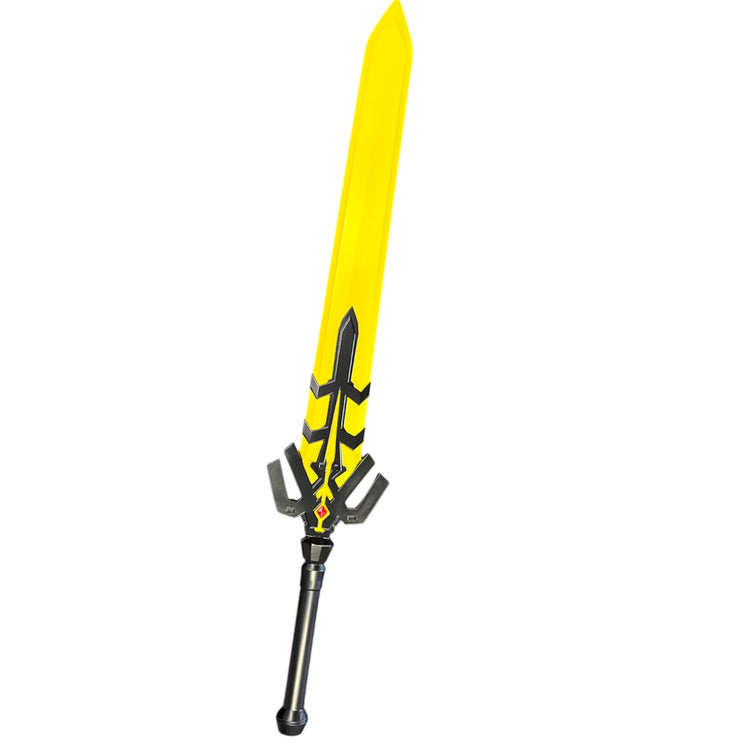 Foam Rubber Magik’s Sword Prop featuring a straight, stylized bright yellow blade with a black handle and a trident-like guard design, ideal for cosplay or fantasy settings.