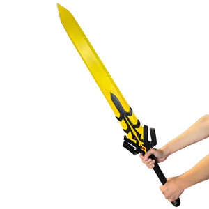 Person holding Foam Rubber Magik’s Sword Prop with a large, bright blade and sturdy handle, ideal for special effects in film and theater productions.