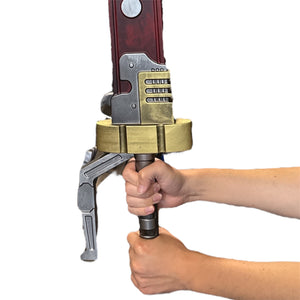 Hands holding a Foam Warhammer Chainsword Imperial Golden Eagle Prop, featuring a gold circular guard, deep red blade, and industrial lever for a steampunk cosplay effect.