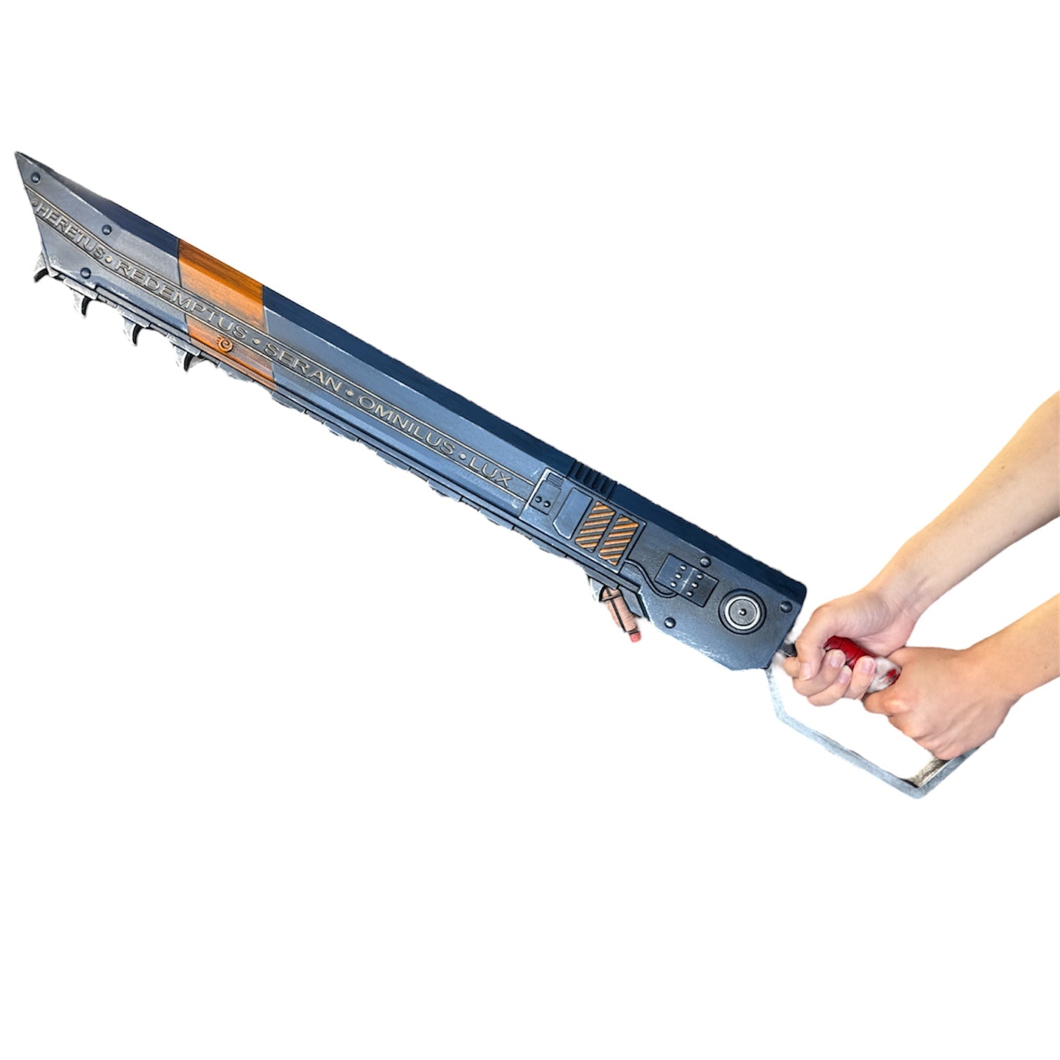 Hands gripping Foam Astartes Chainsword Prop, featuring a sci-fi-inspired design with a jagged metal-like blade and red-wrapped handle, ideal for cosplay or display.