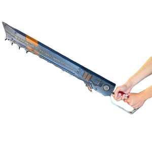 Hands gripping Foam Astartes Chainsword Prop, featuring a sci-fi-inspired design with a jagged metal-like blade and red-wrapped handle, ideal for cosplay or display.