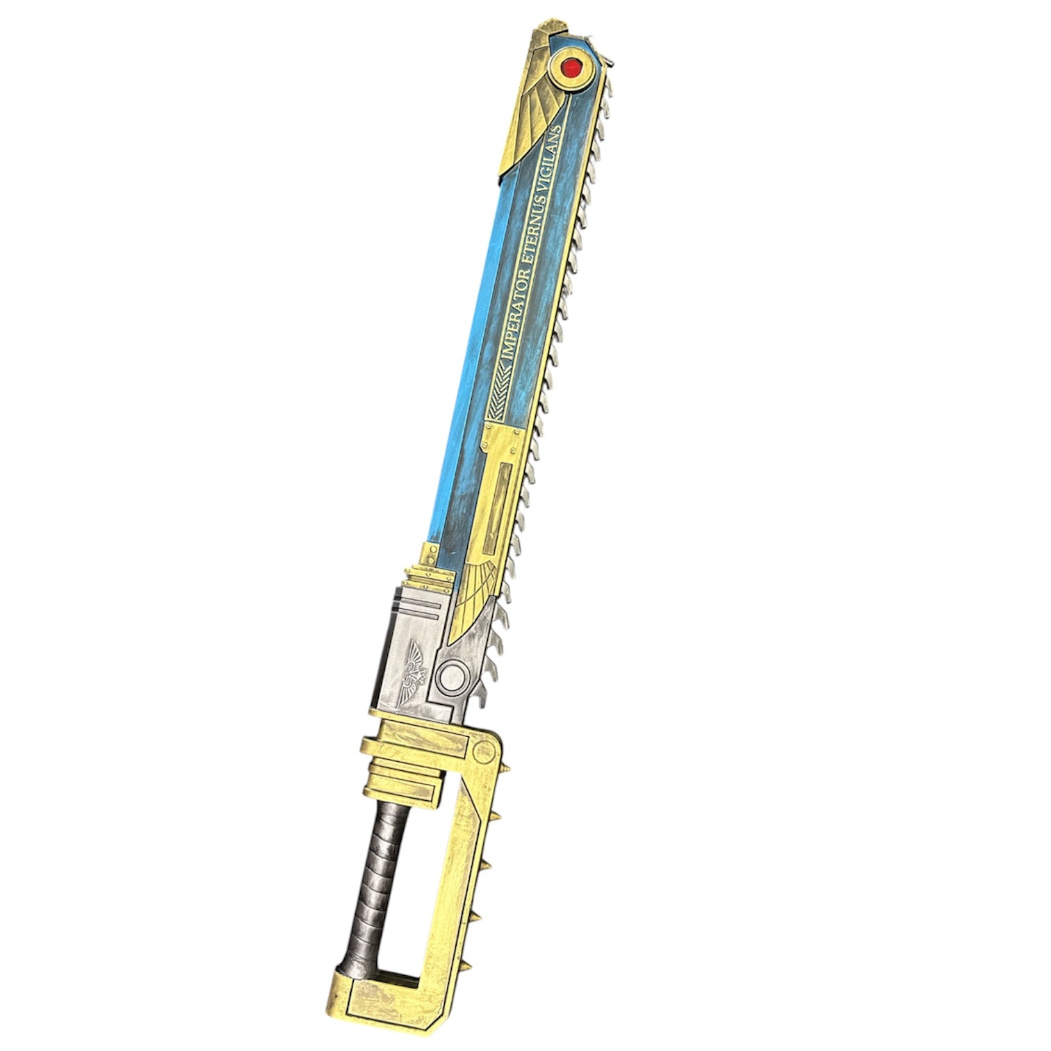 Foam Hell’s Teeth Chainsaw Prop features a blue blade with brass fittings, saw teeth, Latin inscriptions, and a red emblem, ideal for sci-fi or ceremonial displays.