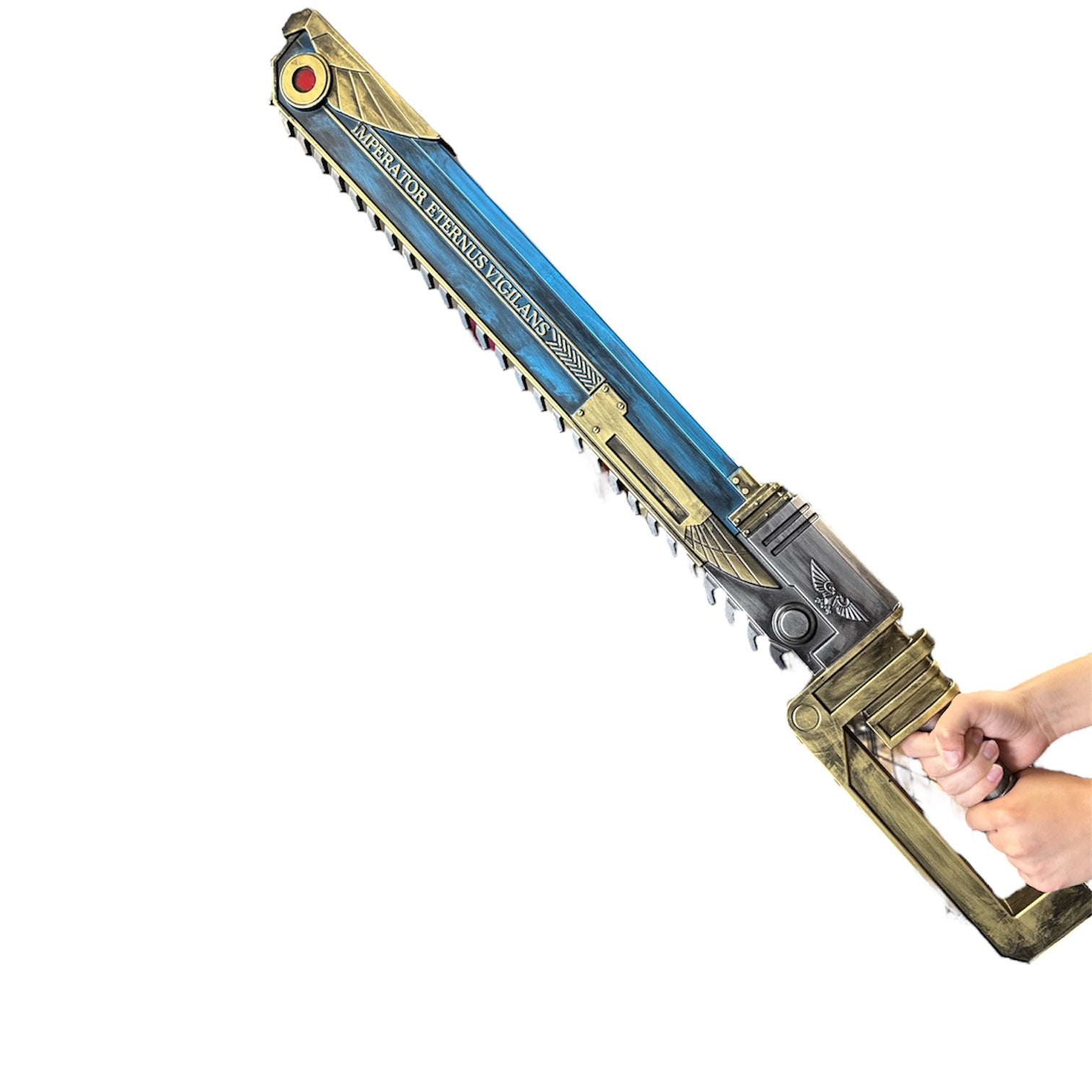 Foam Hell’s Teeth Chainsaw Prop held in both hands, featuring a motorized saw-toothed chain blade with Latin inscription, ideal for cosplay or film props.