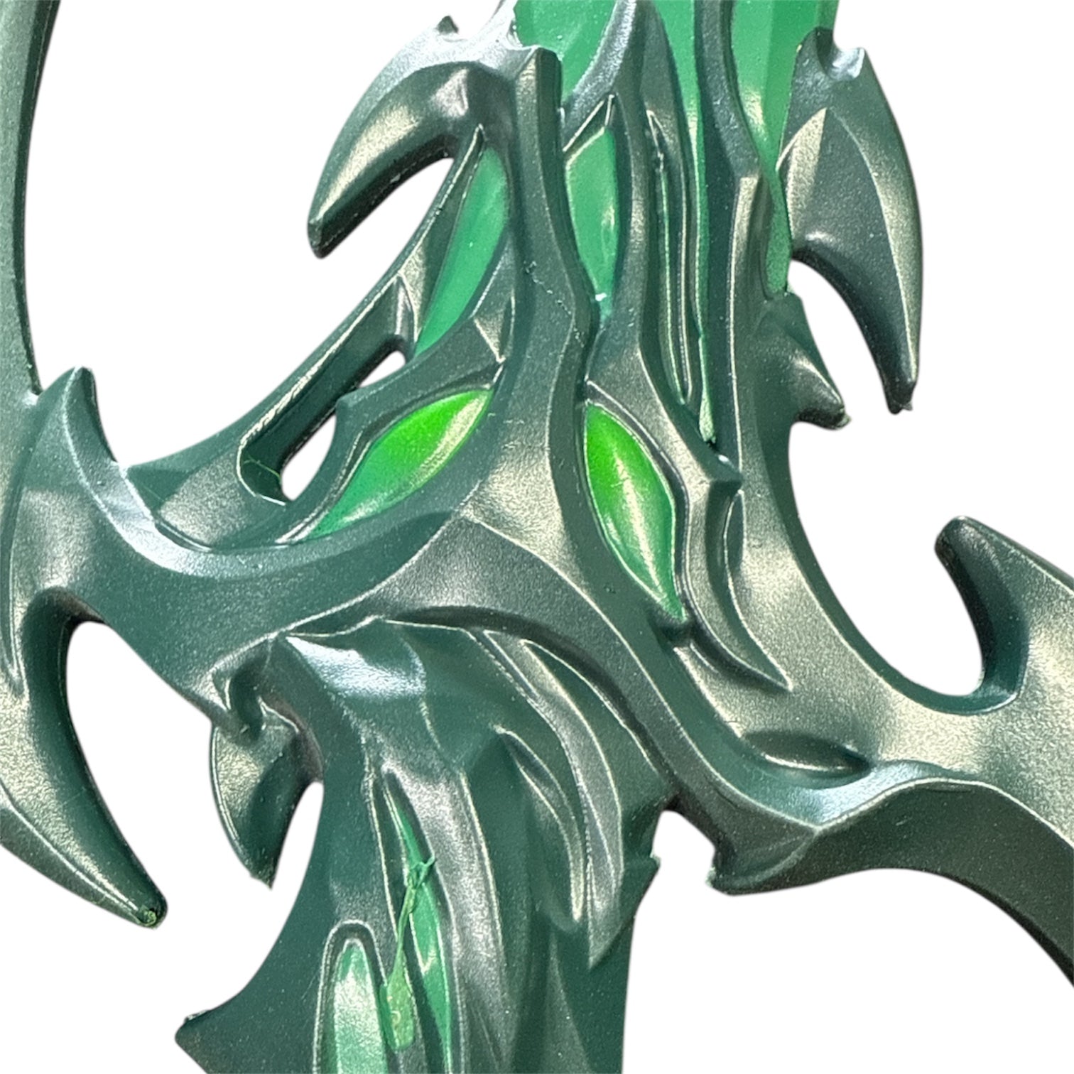Foam Asgardian Goddess Hela Nightshade Thorn Style Sword Prop, featuring metallic green claw-like prongs with translucent inserts, sized 36.25” x 5” x 2.5”.