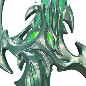 Foam Asgardian Goddess Hela Nightshade Thorn Style Sword Prop, featuring metallic green claw-like prongs with translucent inserts, sized 36.25” x 5” x 2.5”.