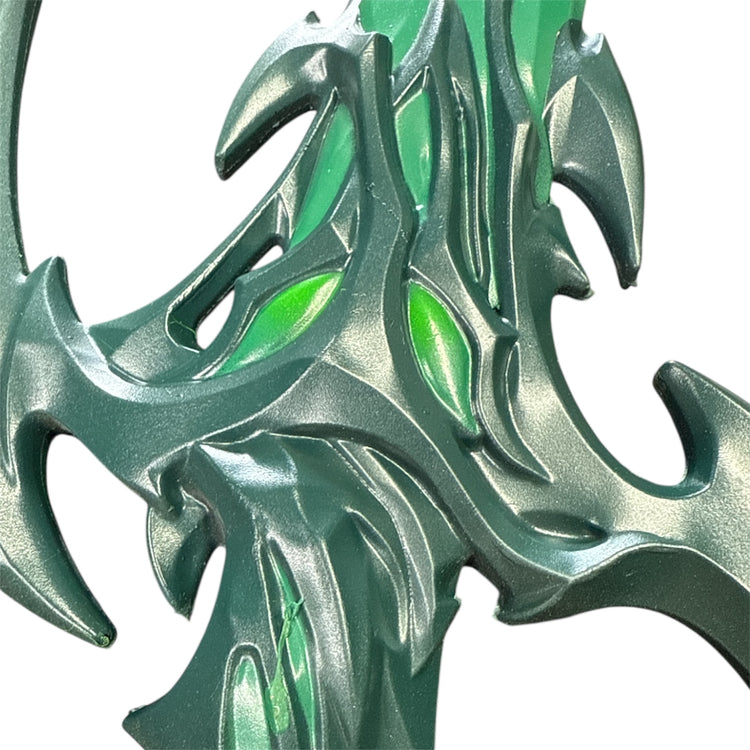 Foam Asgardian Goddess Hela Nightshade Thorn Style Sword Prop, featuring metallic green claw-like prongs with translucent inserts, sized 36.25” x 5” x 2.5”.