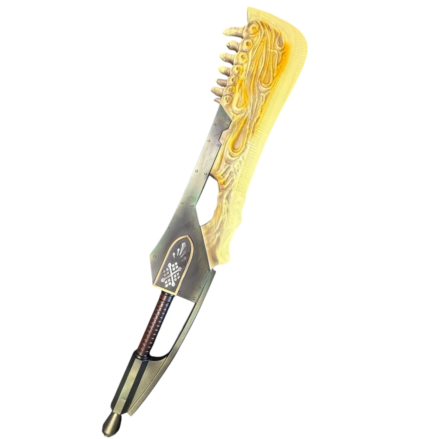 Foam Giant Monster Jawblade Sword Prop: An oversized comb with blade-style hilt, featuring ornamental teeth and a sword-like handle, measuring 47” x 12” x 4”.