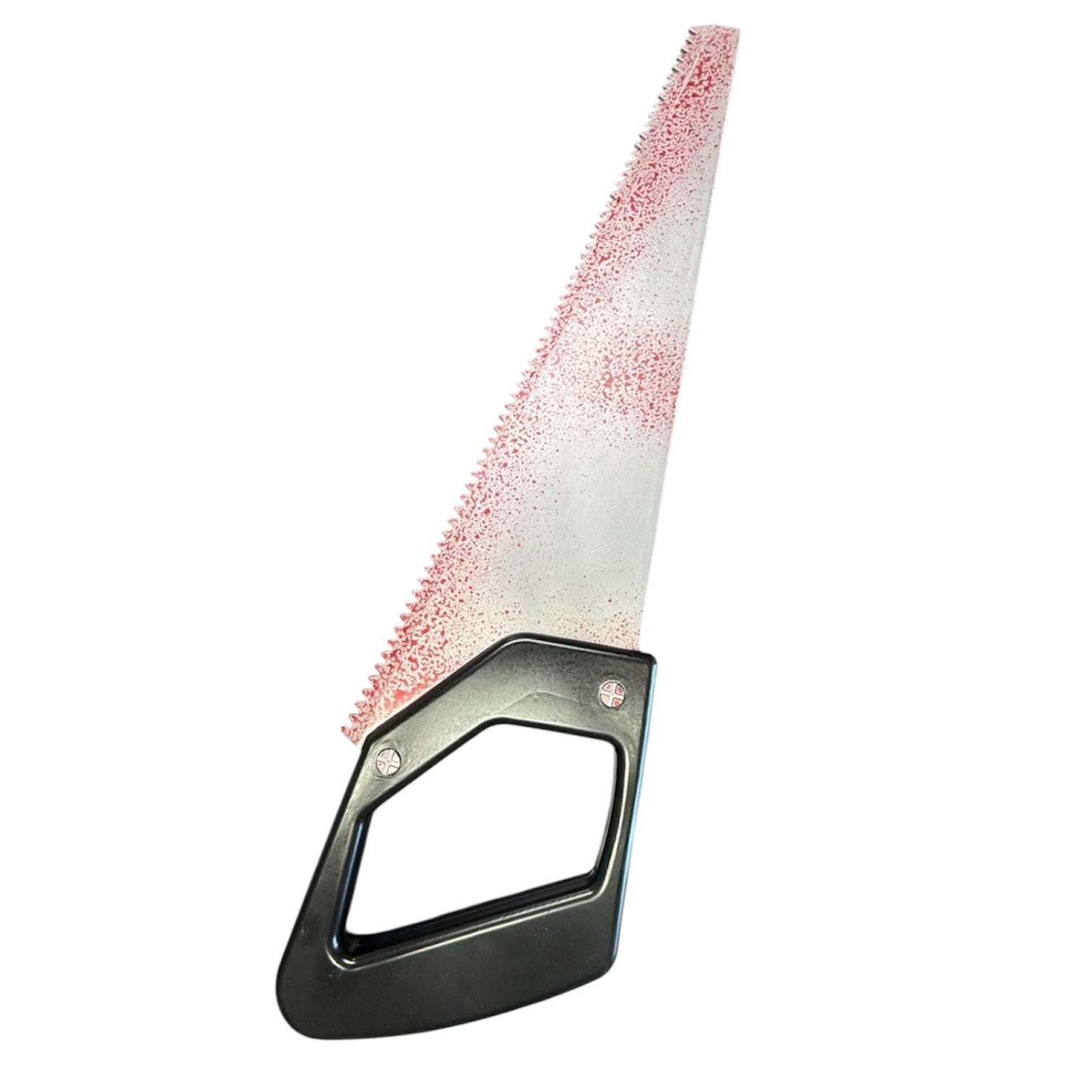 Foam Giant 34 Inch Bloody Hand Saw Prop featuring a serrated blade with red details and a black handle, ideal for realistic special effects.