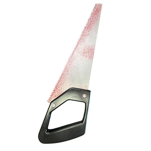 Foam Giant 34 Inch Bloody Hand Saw Prop featuring a serrated blade with red details and a black handle, ideal for realistic special effects.