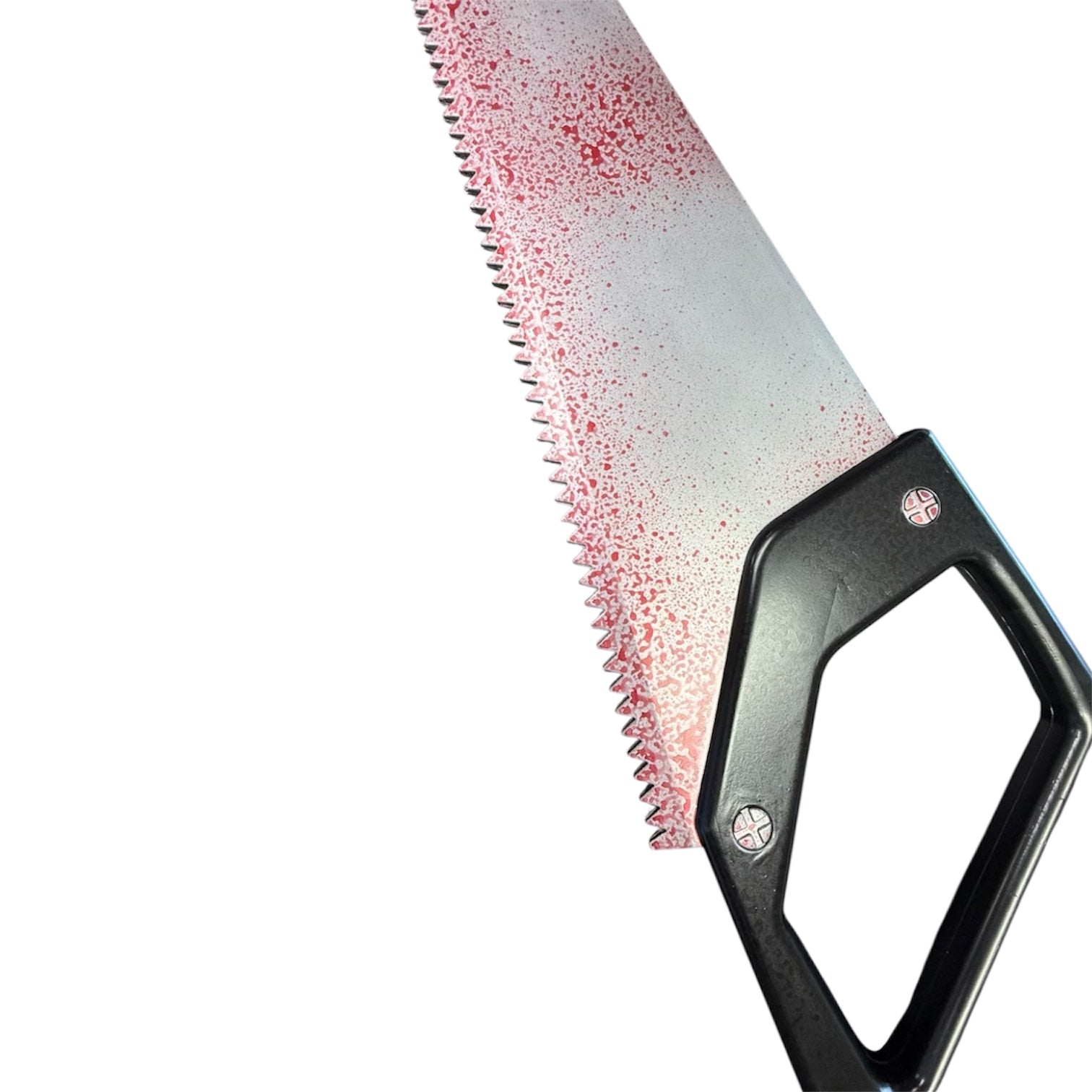 Foam Giant 34 Inch Bloody Hand Saw Prop with serrated metal blade and black handle, ideal for film and theater special effects.