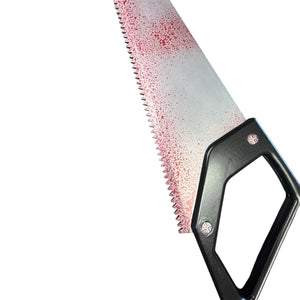 Foam Giant 34 Inch Bloody Hand Saw Prop with serrated metal blade and black handle, ideal for film and theater special effects.