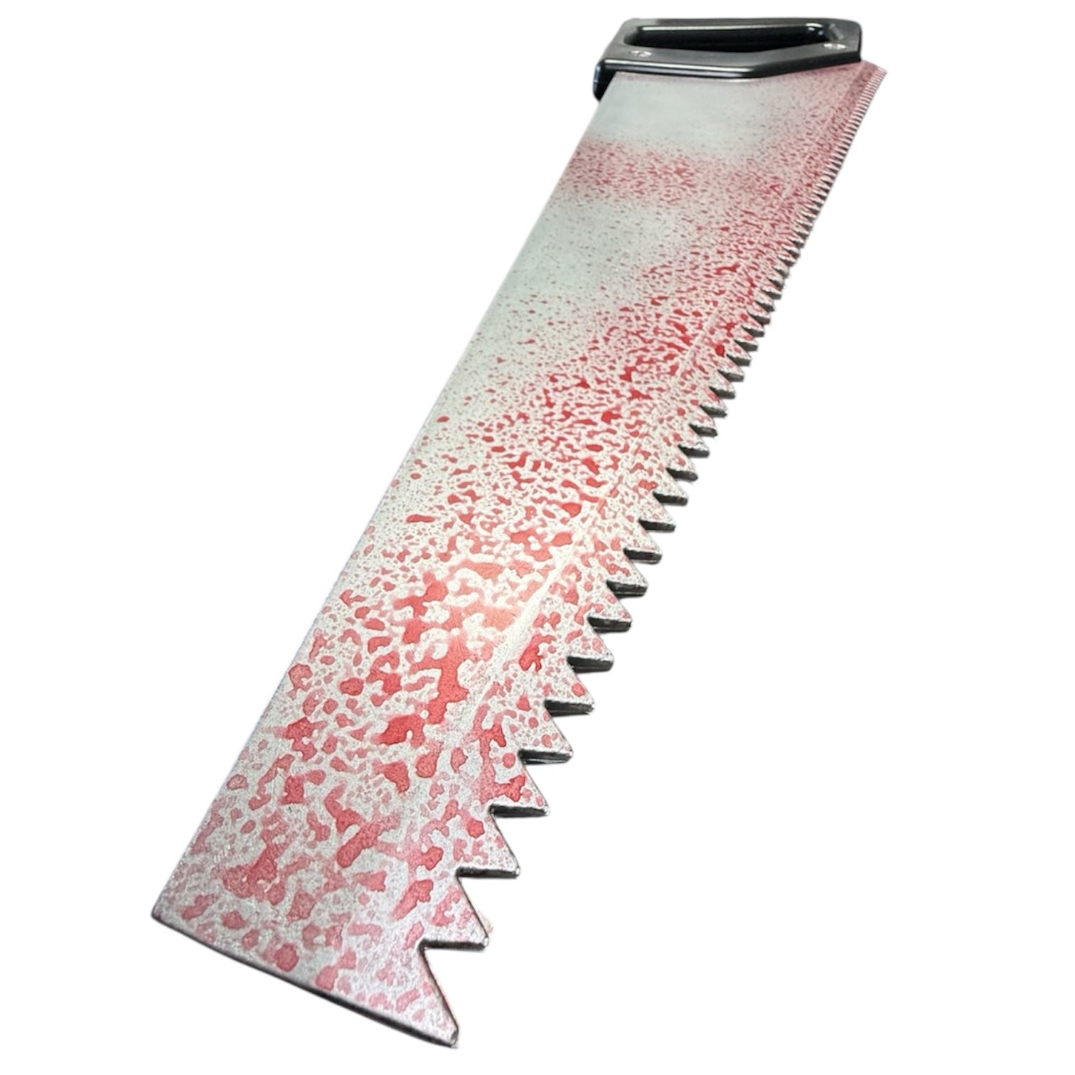 Foam Giant 34 Inch Bloody Hand Saw Prop featuring a white-and-pink speckled serrated blade with sharp teeth, ideal for special effects in film or theater productions.