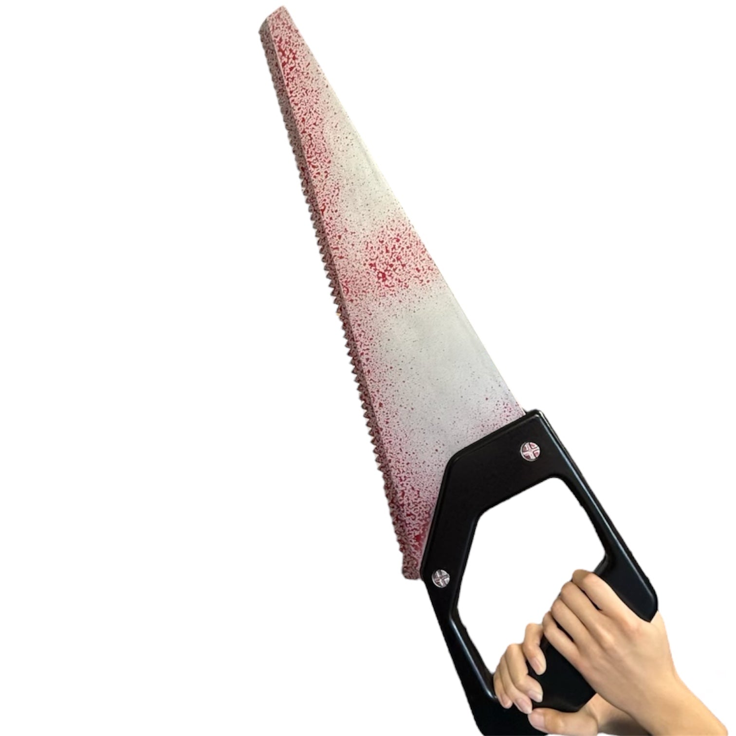 Foam Giant 34 Inch Bloody Hand Saw Prop with black handle held by mannequin hands, ideal for Halloween or theatrical special effects.