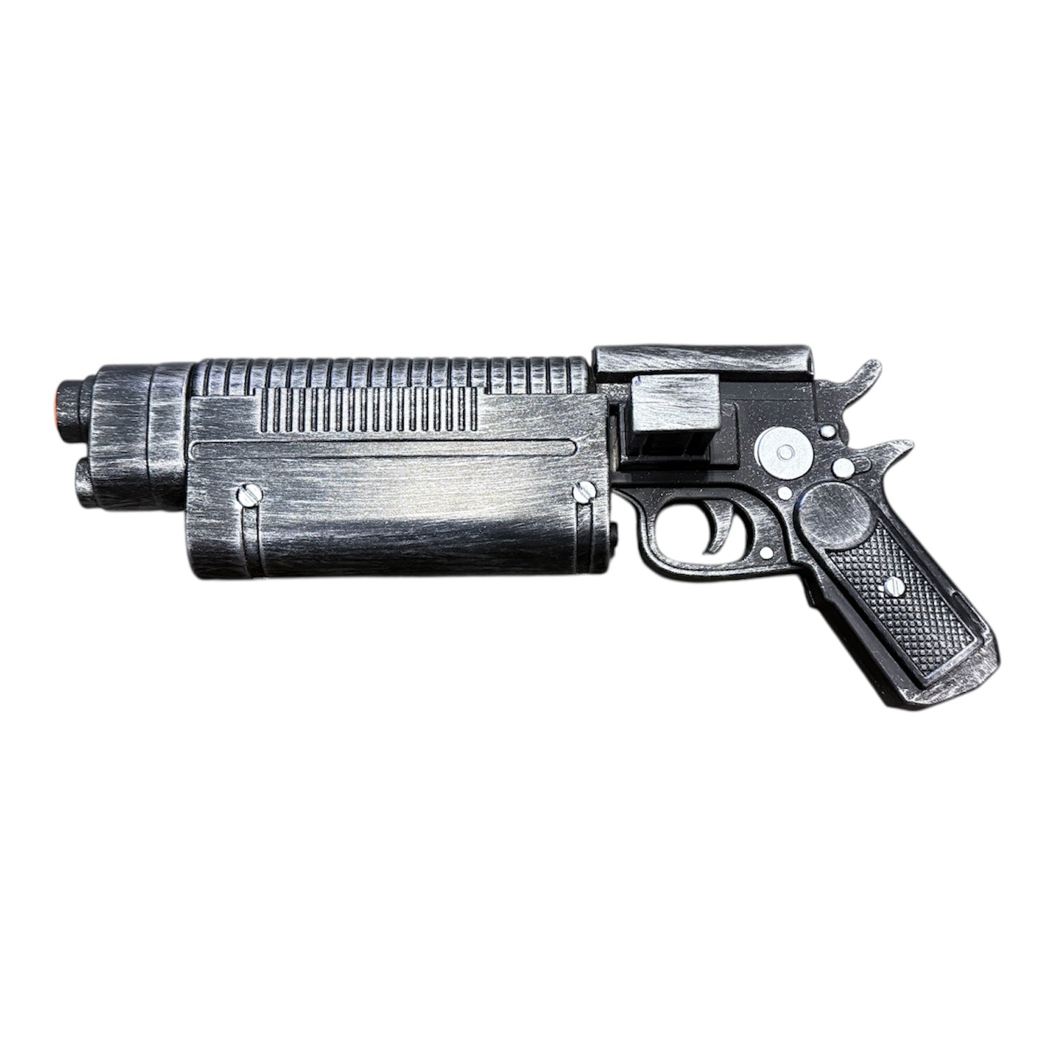 Foam Rubber K-16 Bryar Blaster Gun Prop, featuring a ribbed barrel shroud, textured grip, and decorative top section, ideal for cosplay and film use.