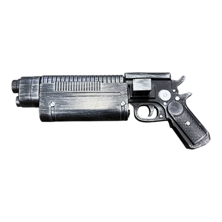 Foam Rubber K-16 Bryar Blaster Gun Prop, featuring a ribbed barrel shroud, textured grip, and decorative top section, ideal for cosplay and film use.